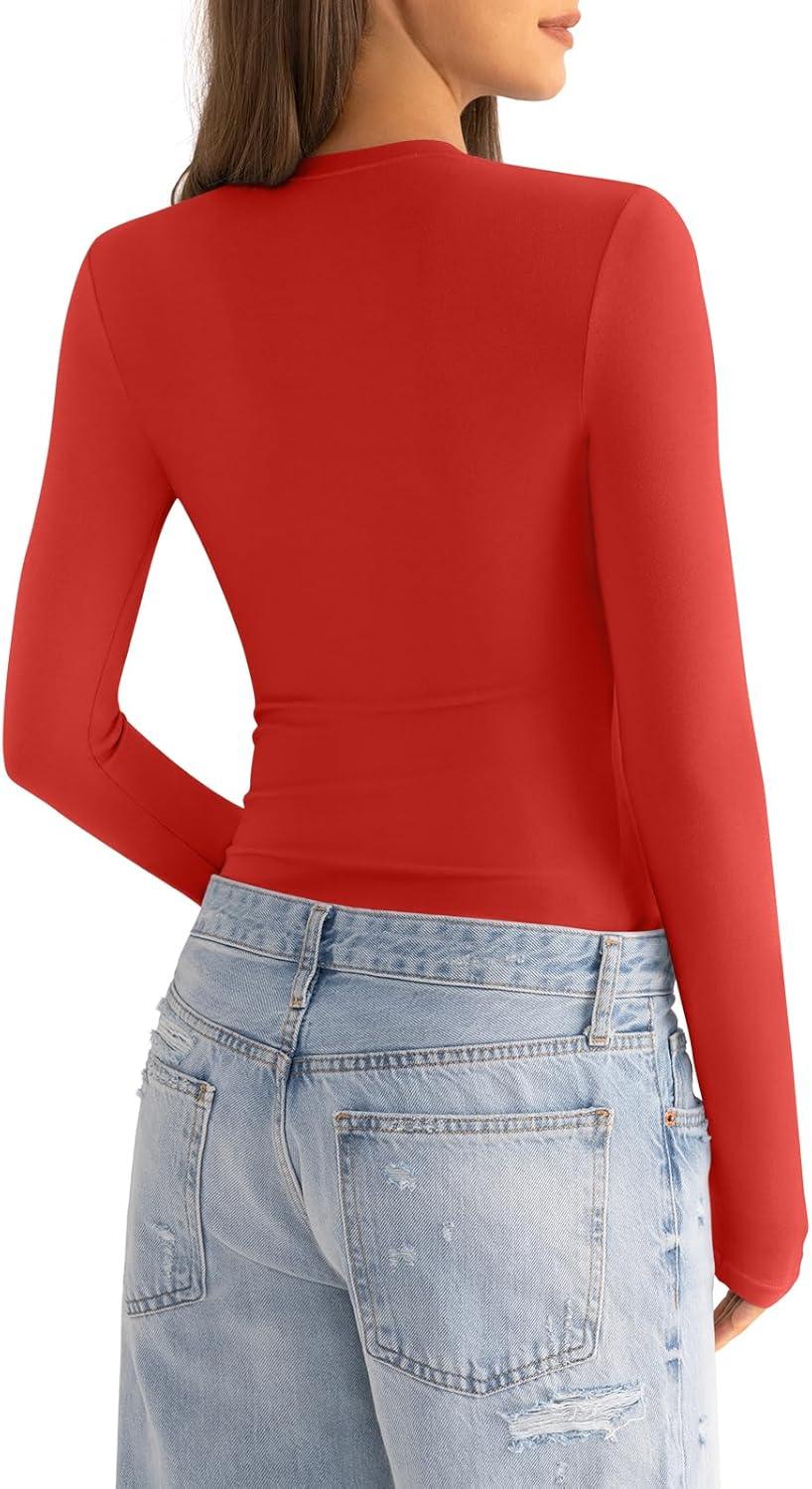 imageWomens Cotton Long Sleeve Shirts Crew Neck Fitted Basic Going Out Outfits Undershirt Spring Fall Clothes 2025Red