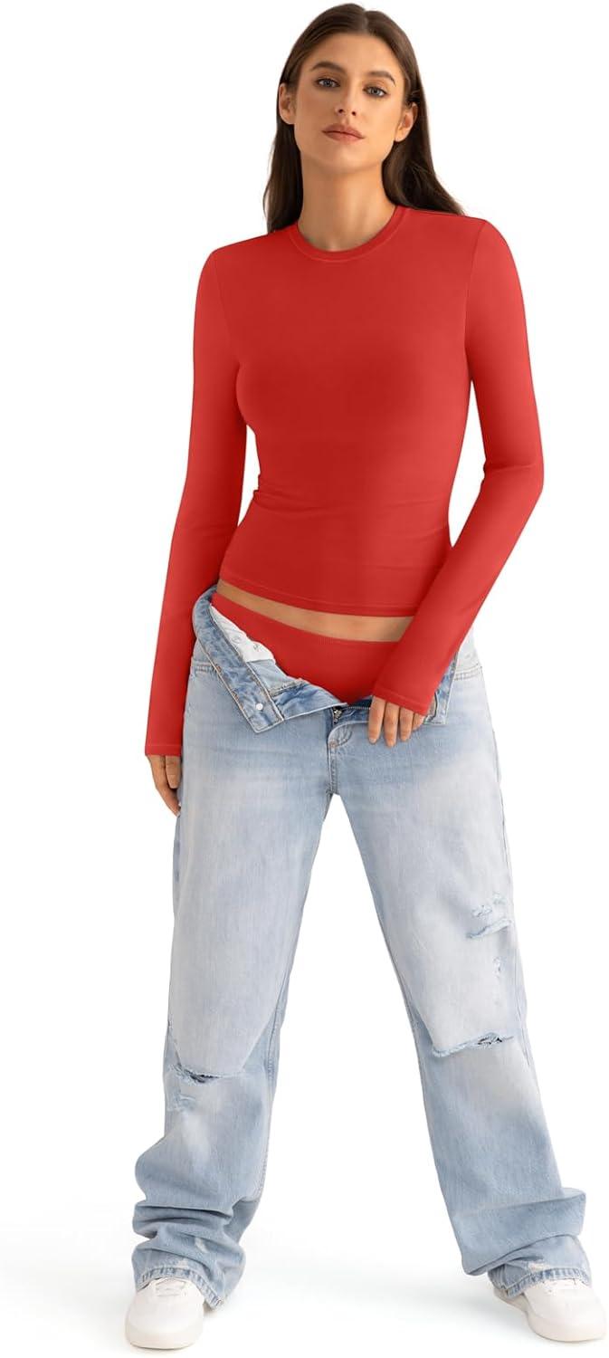 imageWomens Cotton Long Sleeve Shirts Crew Neck Fitted Basic Going Out Outfits Undershirt Spring Fall Clothes 2025Red