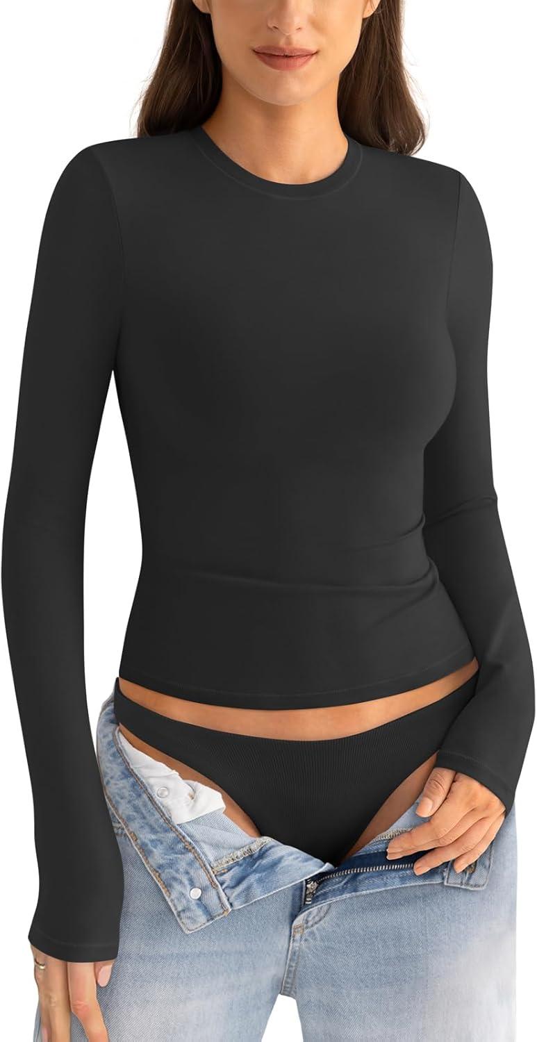 imageWomens Cotton Long Sleeve Shirts Crew Neck Fitted Basic Going Out Outfits Undershirt Spring Fall Clothes 2025True Black