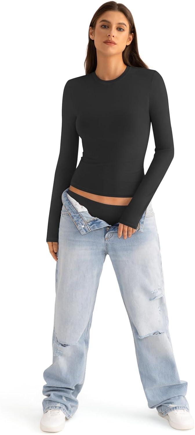 imageWomens Cotton Long Sleeve Shirts Crew Neck Fitted Basic Going Out Outfits Undershirt Spring Fall Clothes 2025True Black