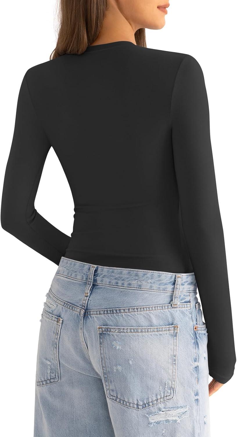 imageWomens Cotton Long Sleeve Shirts Crew Neck Fitted Basic Going Out Outfits Undershirt Spring Fall Clothes 2025True Black