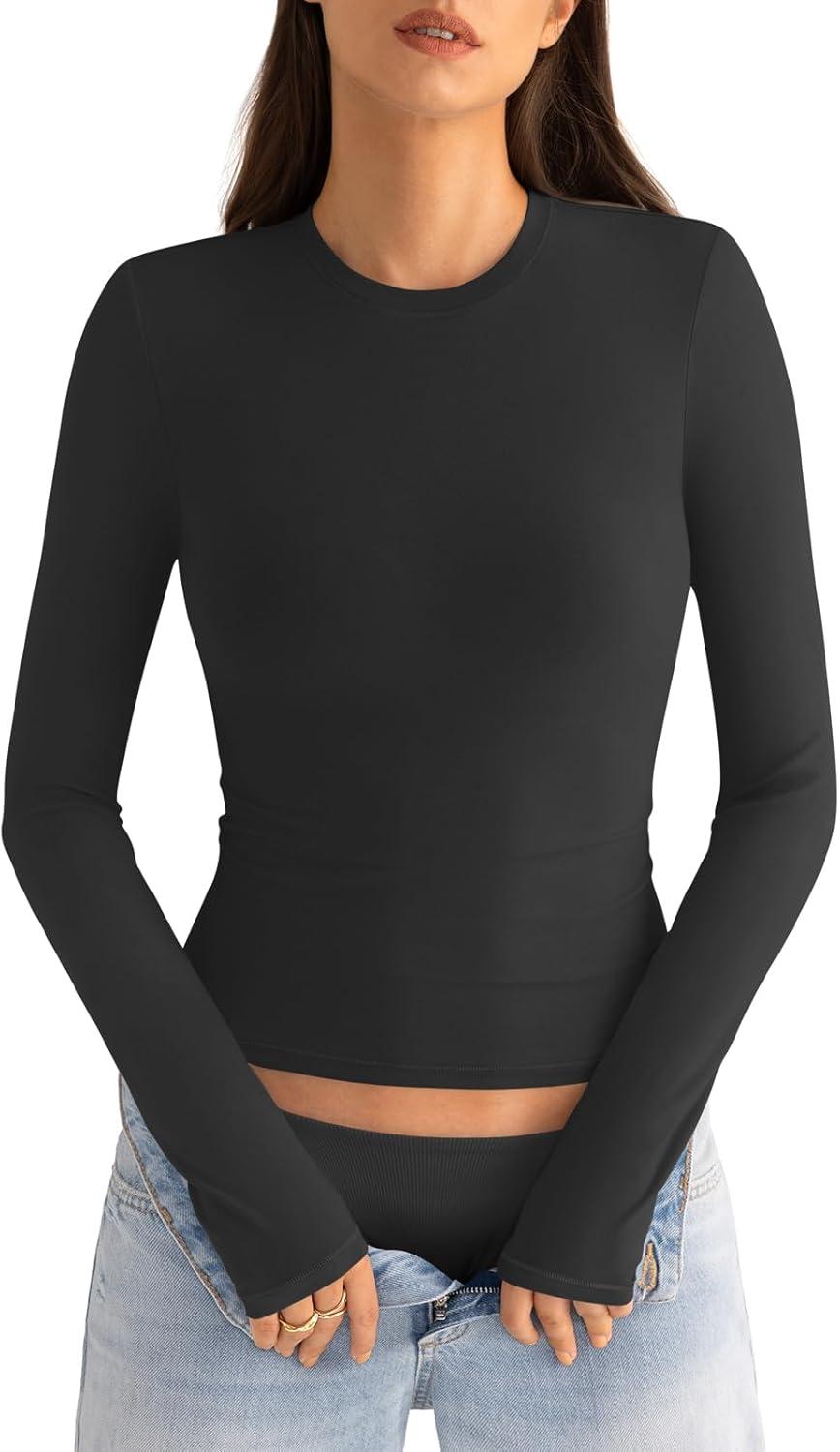 imageWomens Cotton Long Sleeve Shirts Crew Neck Fitted Basic Going Out Outfits Undershirt Spring Fall Clothes 2025True Black