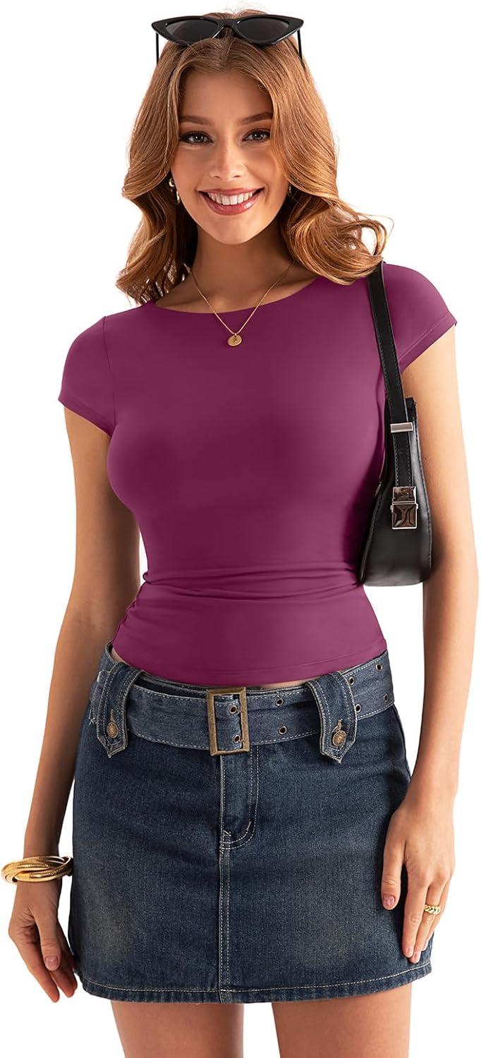 imageWomens Double Lined Cap Sleeve Tops Boat Neck Shirts Slim Fitted Going Out Tees Y2k Clothes 2025Dark Magenta