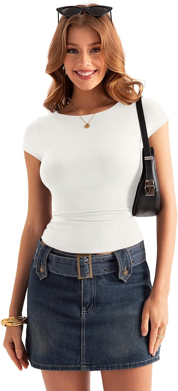 imageWomens Double Lined Cap Sleeve Tops Boat Neck Shirts Slim Fitted Going Out Tees Y2k Clothes 2025White Cream