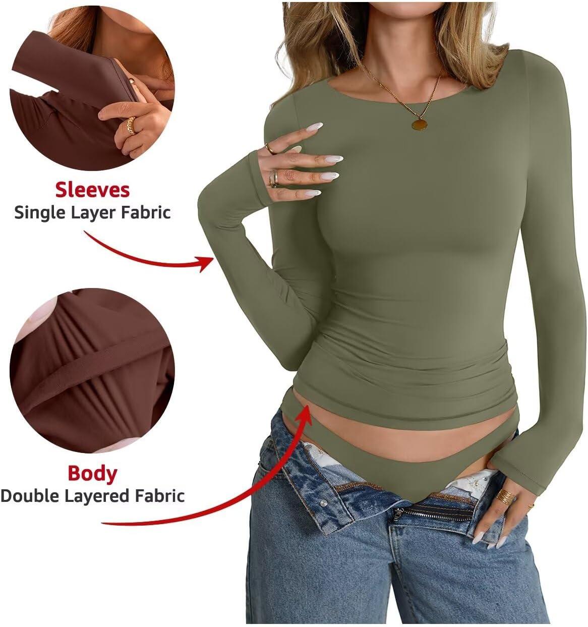 imageWomens Double Lined Long Sleeve Shirts Boat Neck Going Out Tops Trendy Slim Fitted Tees Basic Fall Outfits 2025Army Green