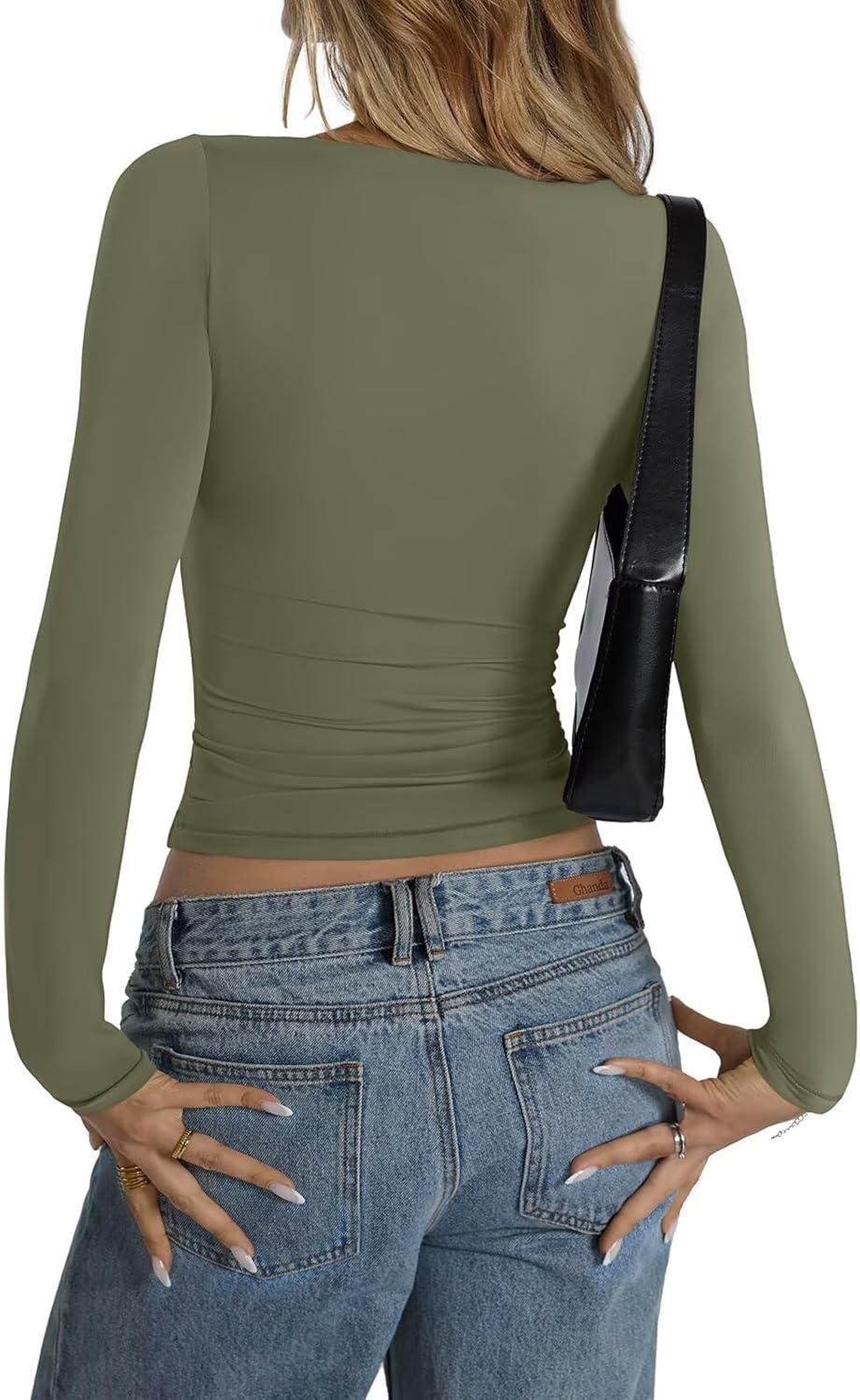 imageWomens Double Lined Long Sleeve Shirts Boat Neck Going Out Tops Trendy Slim Fitted Tees Basic Fall Outfits 2025Army Green