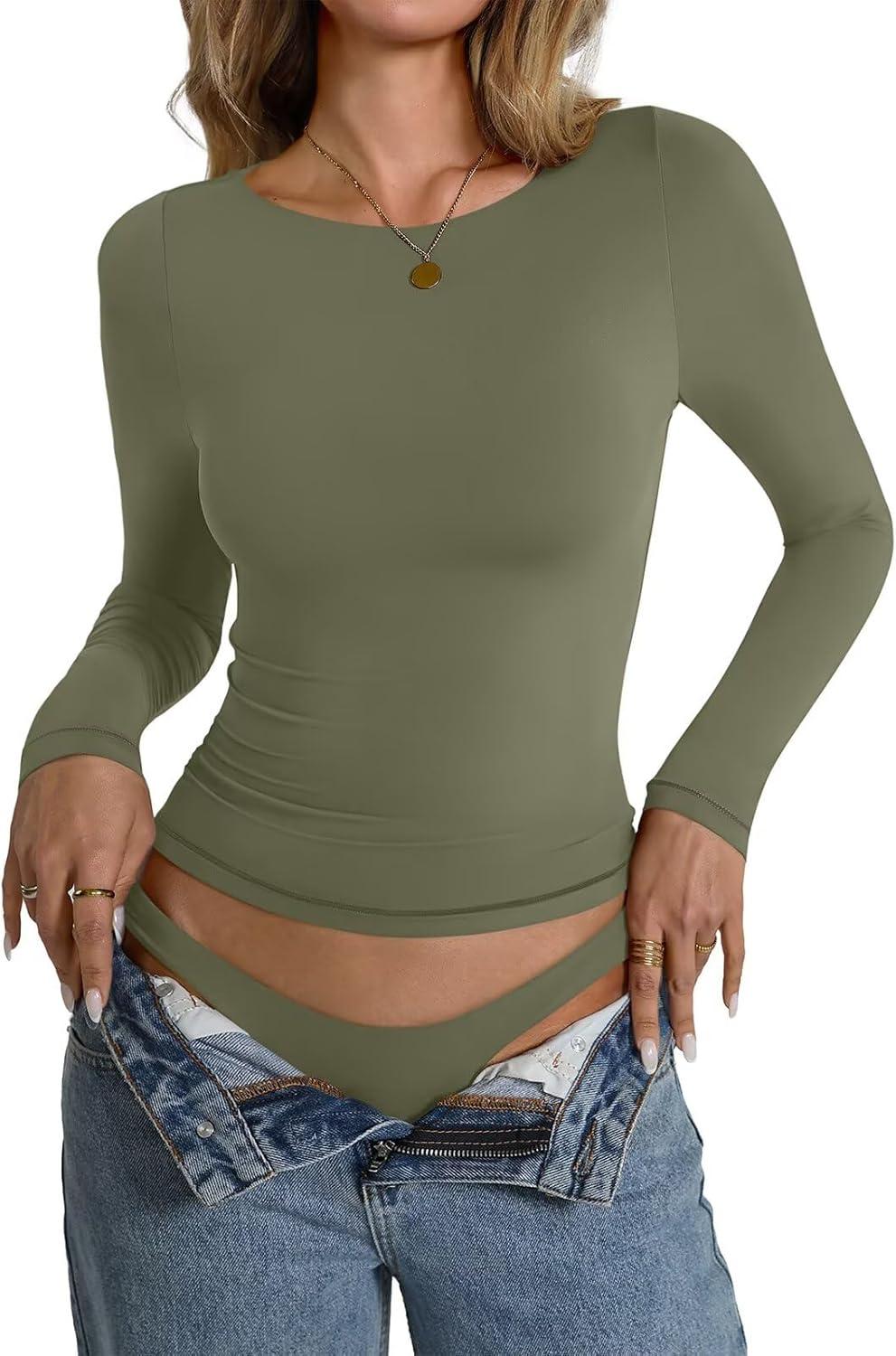 imageWomens Double Lined Long Sleeve Shirts Boat Neck Going Out Tops Trendy Slim Fitted Tees Basic Fall Outfits 2025Army Green