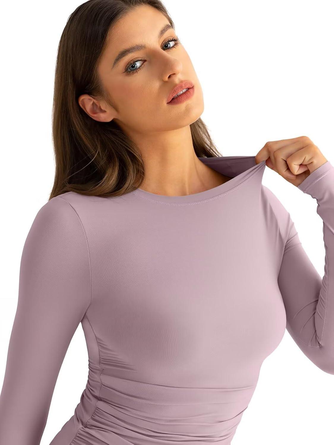imageWomens Double Lined Long Sleeve Shirts Crewneck Ruched Top Tight Fitted Basic Tee Fall Going Out Outfits 2026Chalk Pink