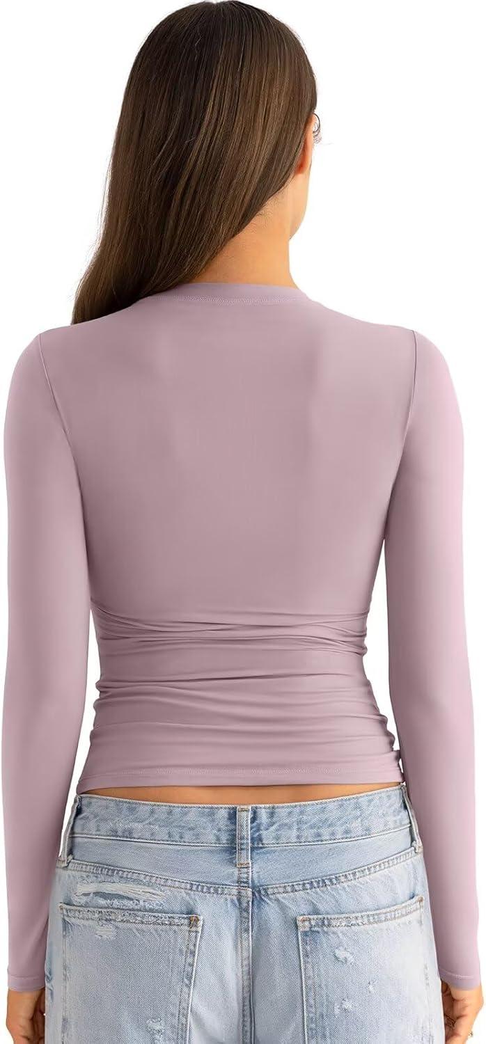 imageWomens Double Lined Long Sleeve Shirts Crewneck Ruched Top Tight Fitted Basic Tee Fall Going Out Outfits 2026Chalk Pink