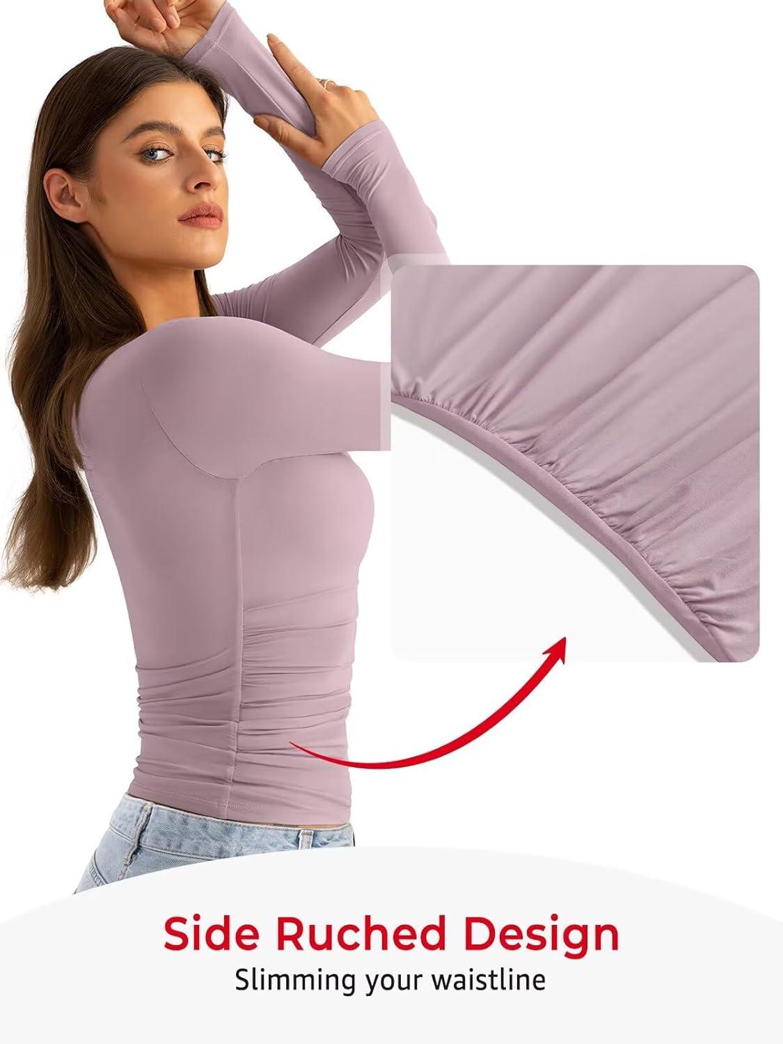 imageWomens Double Lined Long Sleeve Shirts Crewneck Ruched Top Tight Fitted Basic Tee Fall Going Out Outfits 2026Chalk Pink