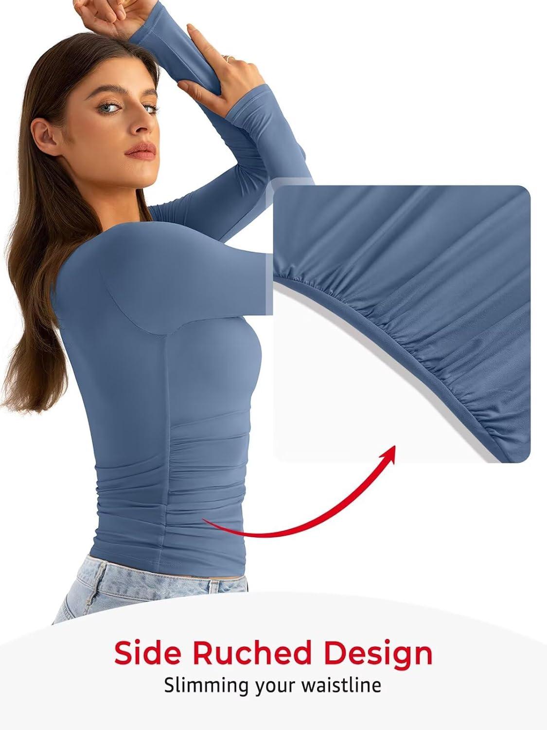 imageWomens Double Lined Long Sleeve Shirts Crewneck Ruched Top Tight Fitted Basic Tee Fall Going Out Outfits 2026Coronet Blue