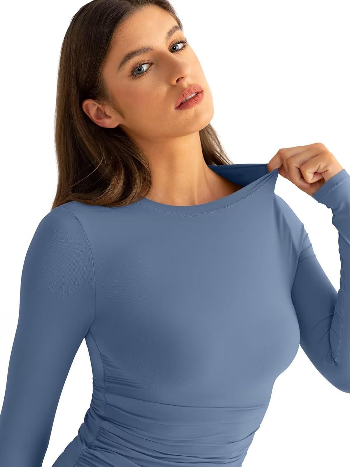 imageWomens Double Lined Long Sleeve Shirts Crewneck Ruched Top Tight Fitted Basic Tee Fall Going Out Outfits 2026Coronet Blue