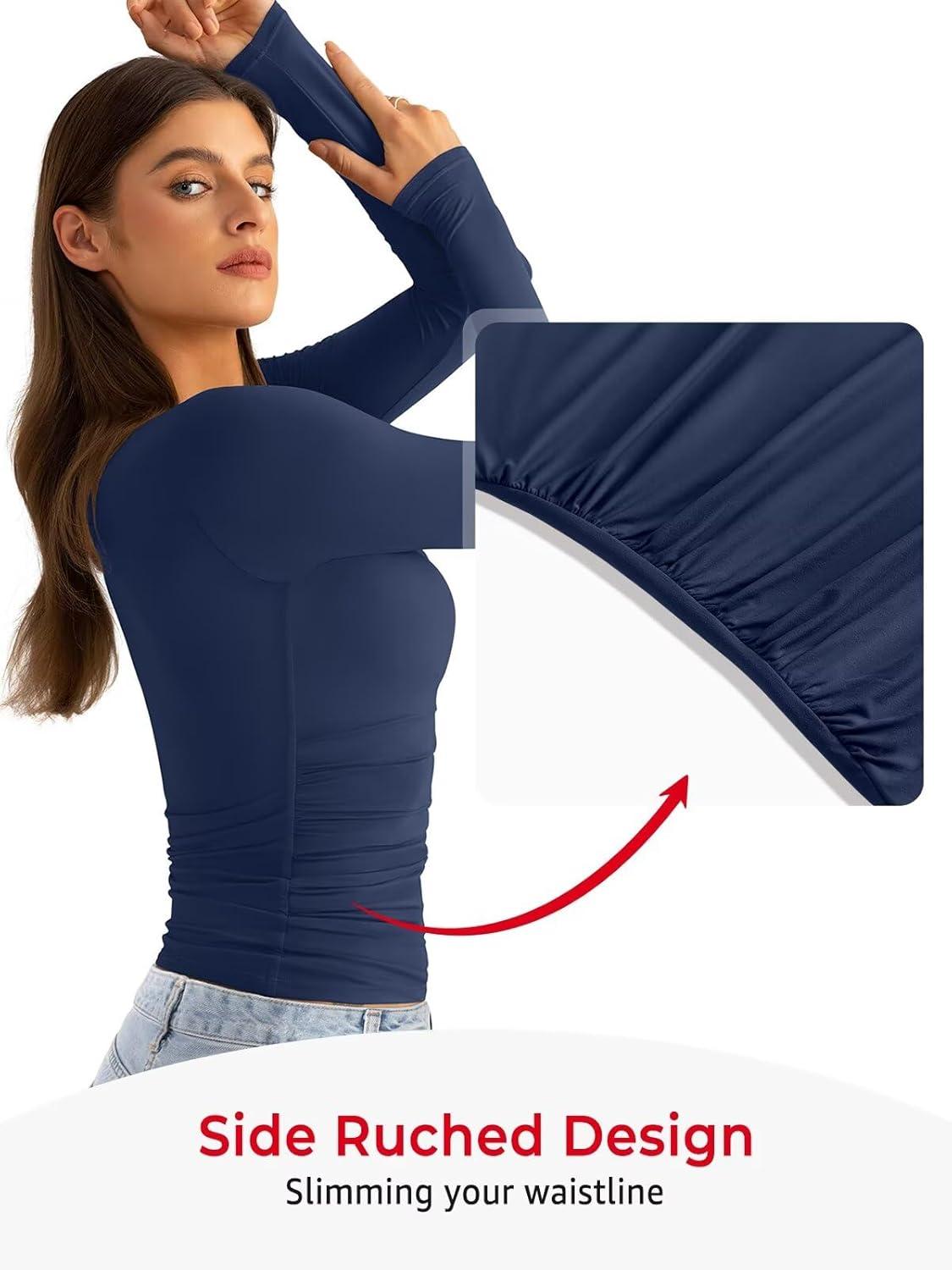 imageWomens Double Lined Long Sleeve Shirts Crewneck Ruched Top Tight Fitted Basic Tee Fall Going Out Outfits 2026Estate Blue