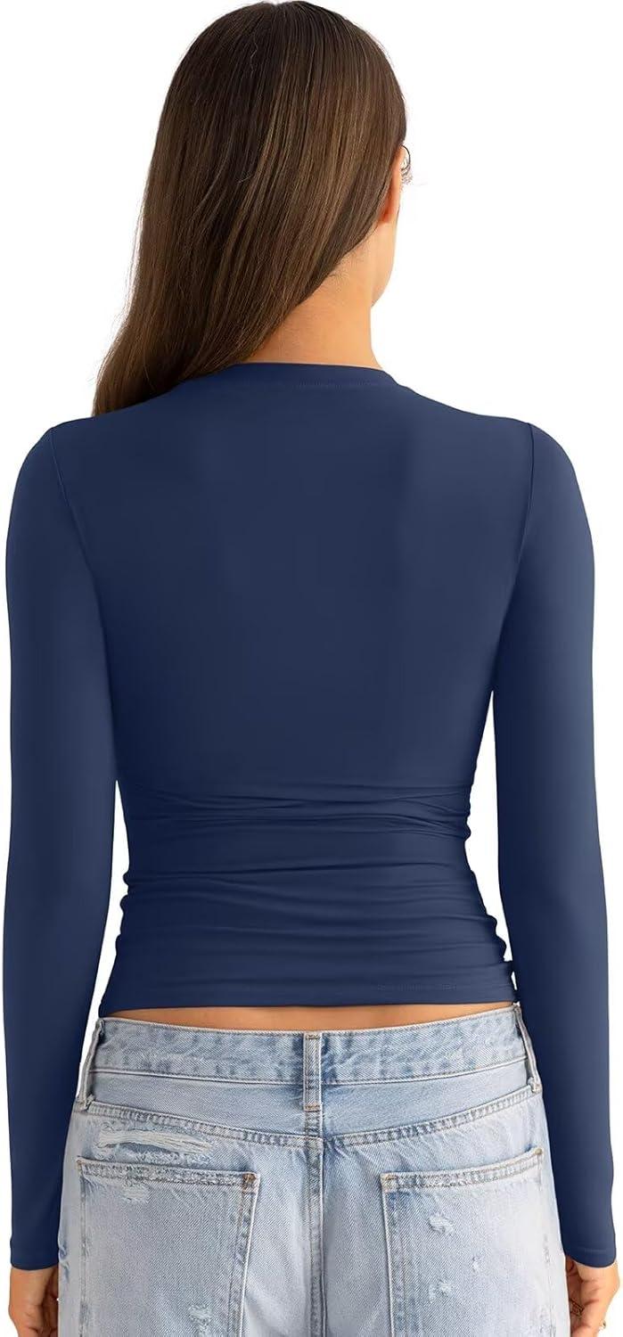 imageWomens Double Lined Long Sleeve Shirts Crewneck Ruched Top Tight Fitted Basic Tee Fall Going Out Outfits 2026Estate Blue
