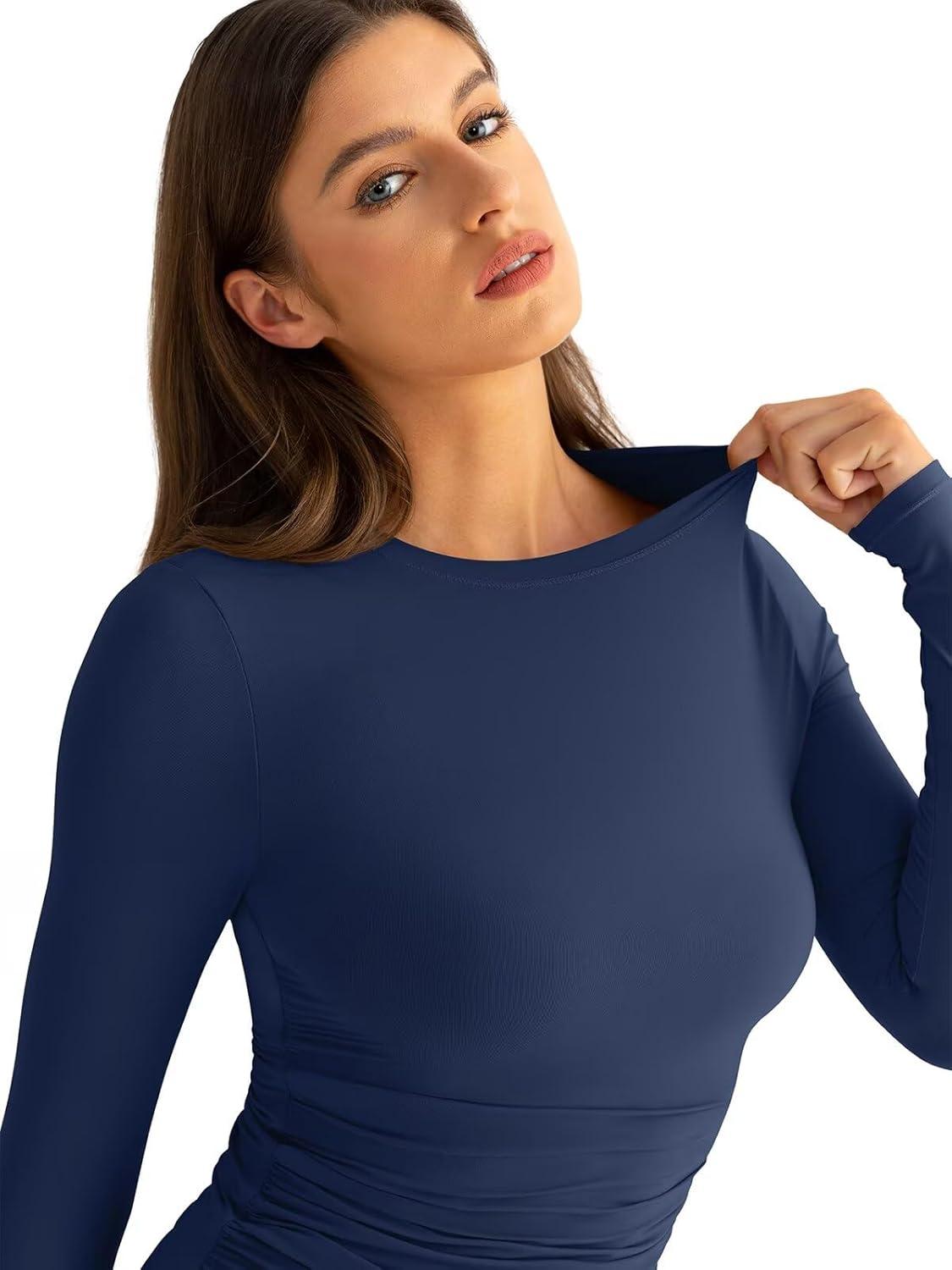 imageWomens Double Lined Long Sleeve Shirts Crewneck Ruched Top Tight Fitted Basic Tee Fall Going Out Outfits 2026Estate Blue