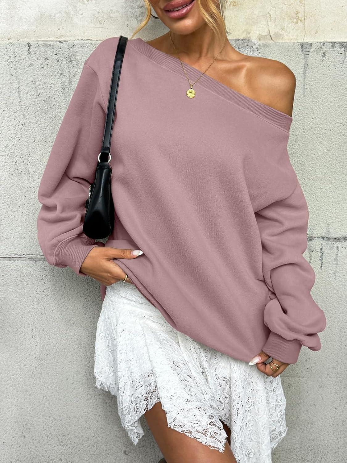 imageWomens Fleece Lined Sweatshirt Off Shoulder Long Sleeve Pullover Top Oversized Shirt Basic Slouchy Clothes 2025Dark Pink