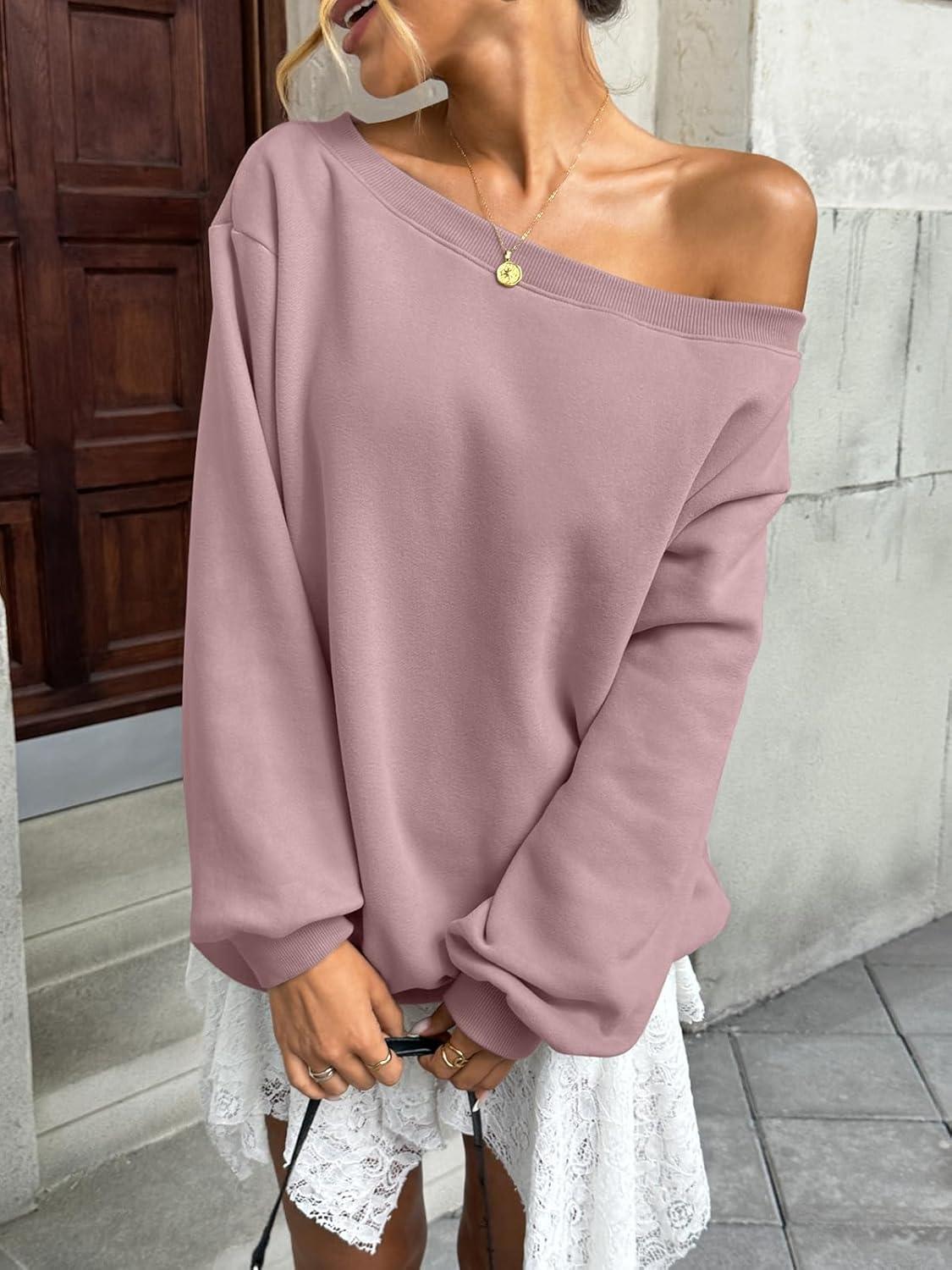imageWomens Fleece Lined Sweatshirt Off Shoulder Long Sleeve Pullover Top Oversized Shirt Basic Slouchy Clothes 2025Dark Pink