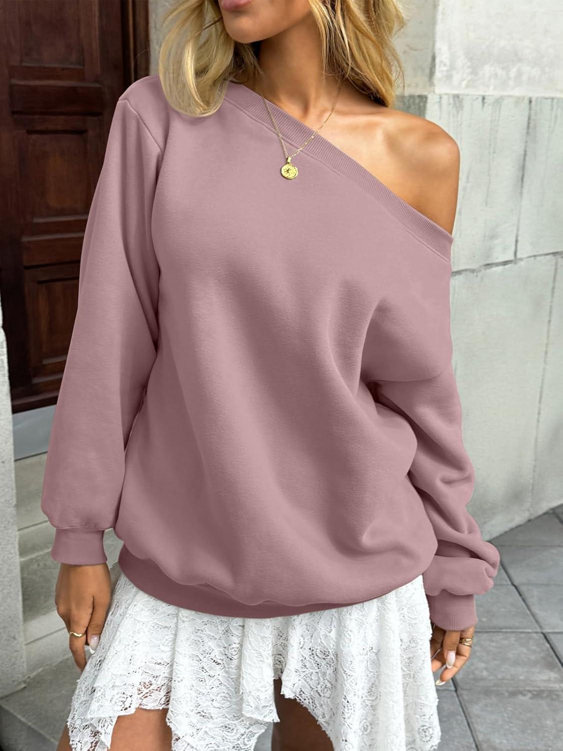 imageWomens Fleece Lined Sweatshirt Off Shoulder Long Sleeve Pullover Top Oversized Shirt Basic Slouchy Clothes 2025Dark Pink