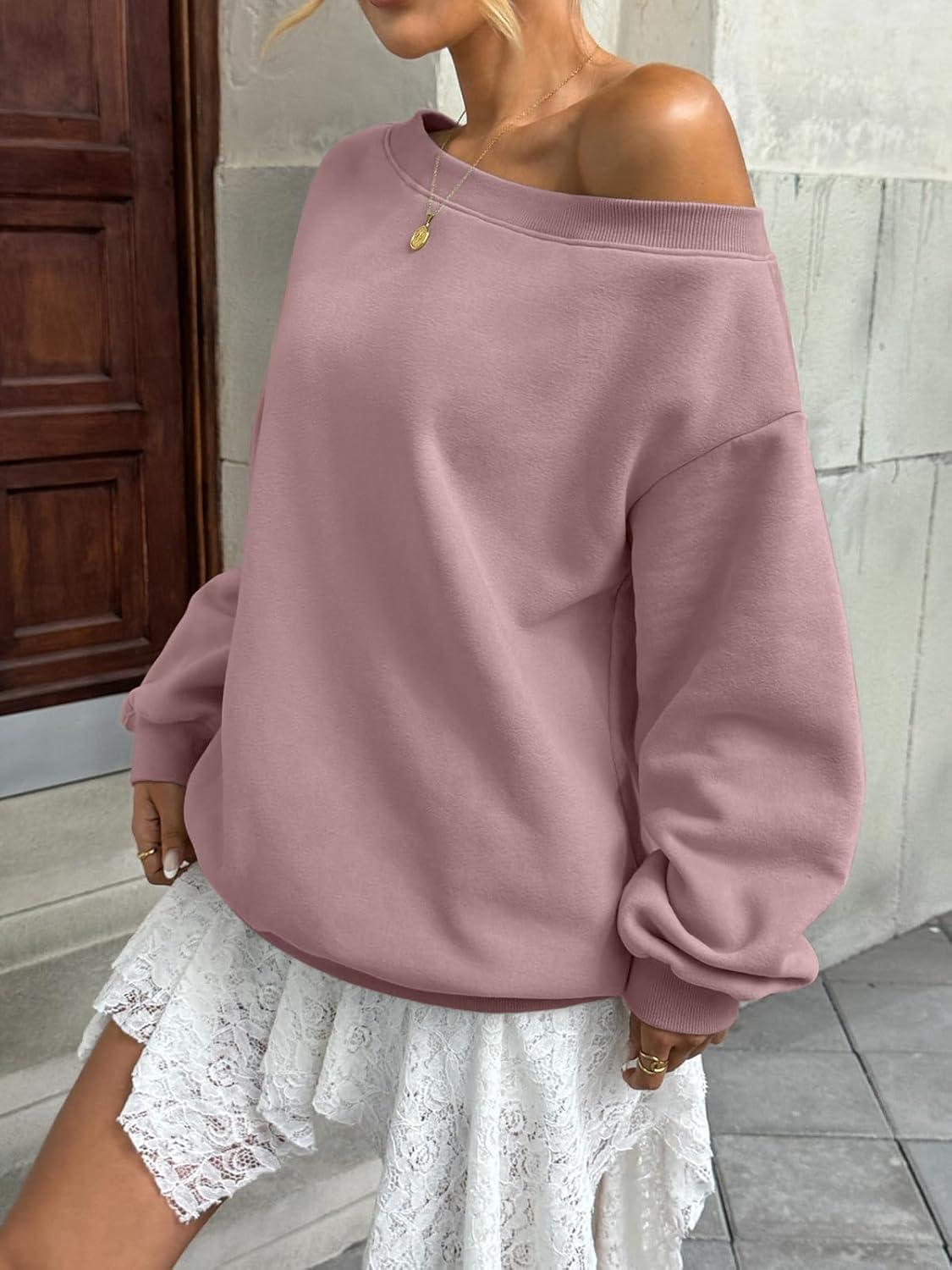 imageWomens Fleece Lined Sweatshirt Off Shoulder Long Sleeve Pullover Top Oversized Shirt Basic Slouchy Clothes 2025Dark Pink