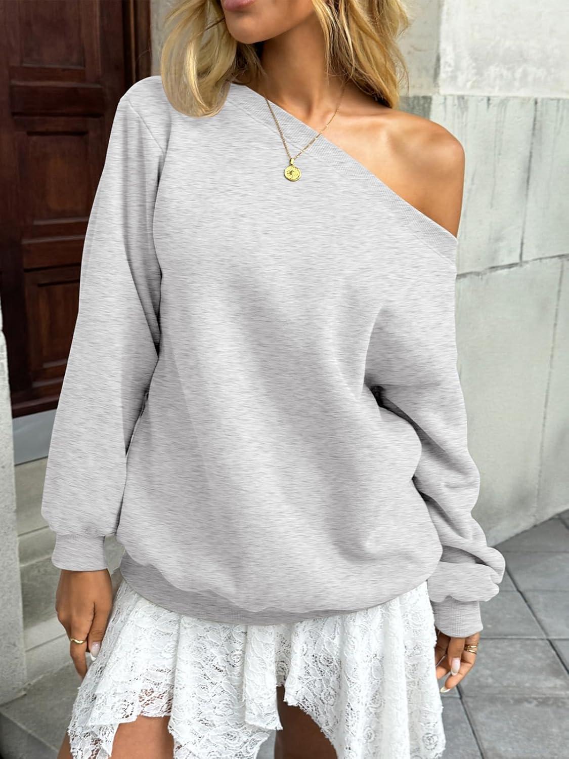 imageWomens Fleece Lined Sweatshirt Off Shoulder Long Sleeve Pullover Top Oversized Shirt Basic Slouchy Clothes 2025Gray