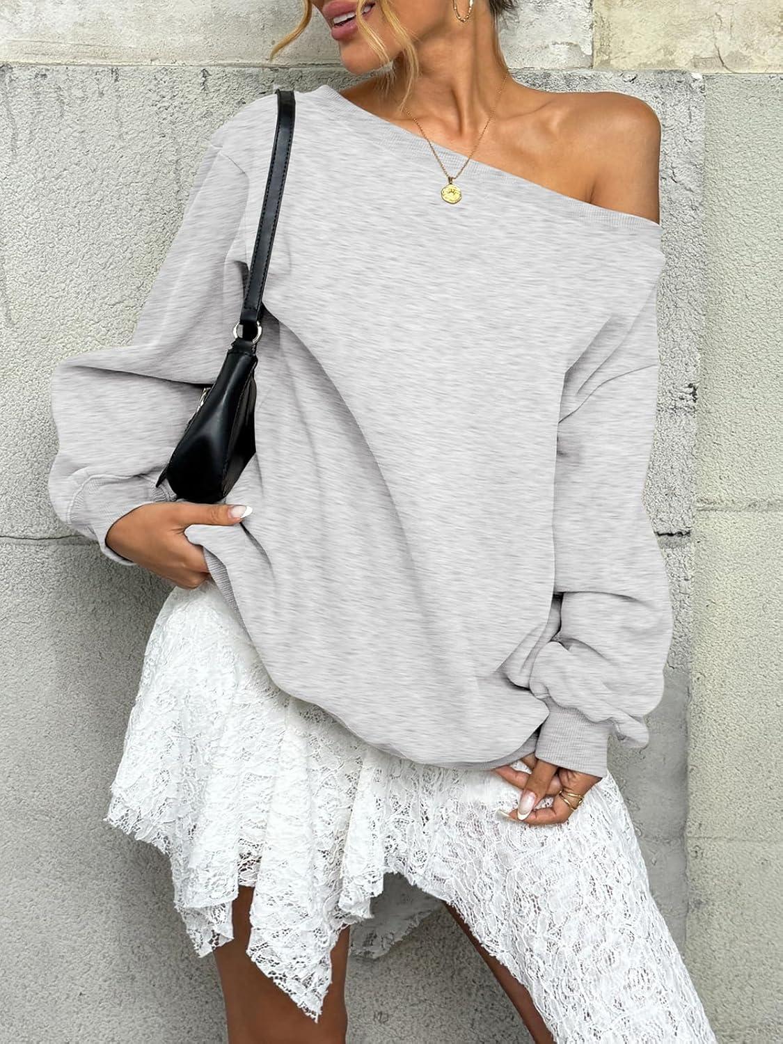 imageWomens Fleece Lined Sweatshirt Off Shoulder Long Sleeve Pullover Top Oversized Shirt Basic Slouchy Clothes 2025Gray