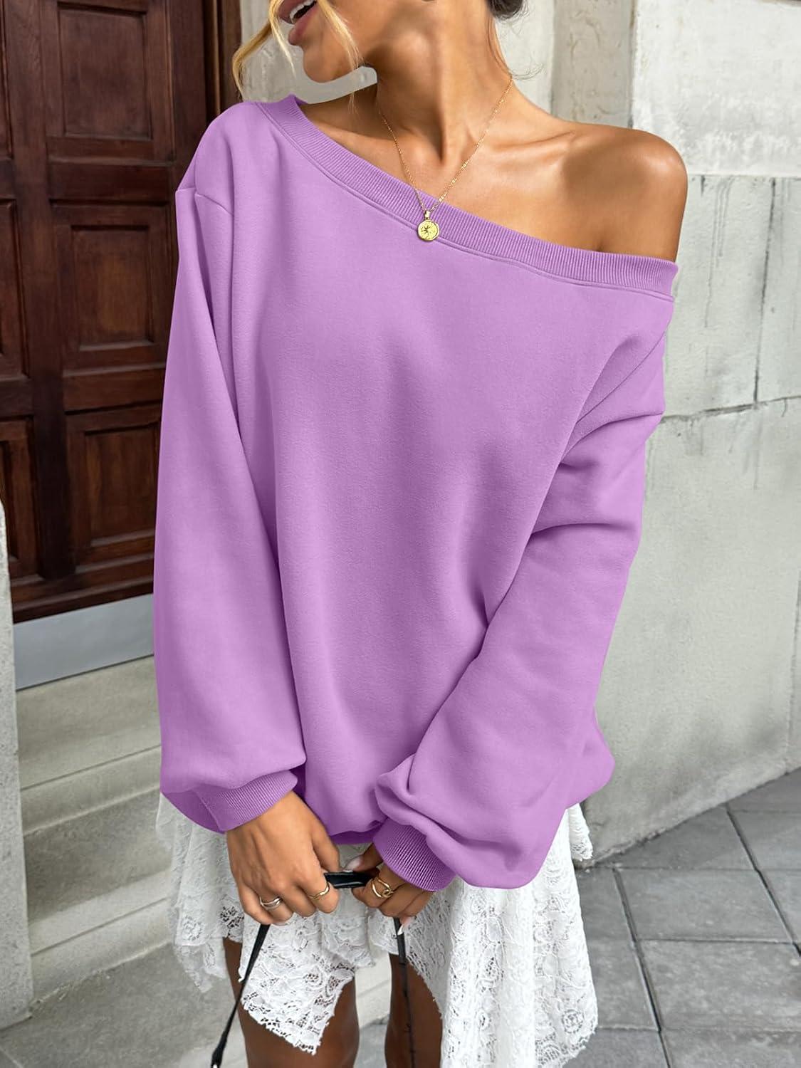 imageWomens Fleece Lined Sweatshirt Off Shoulder Long Sleeve Pullover Top Oversized Shirt Basic Slouchy Clothes 2025Purple