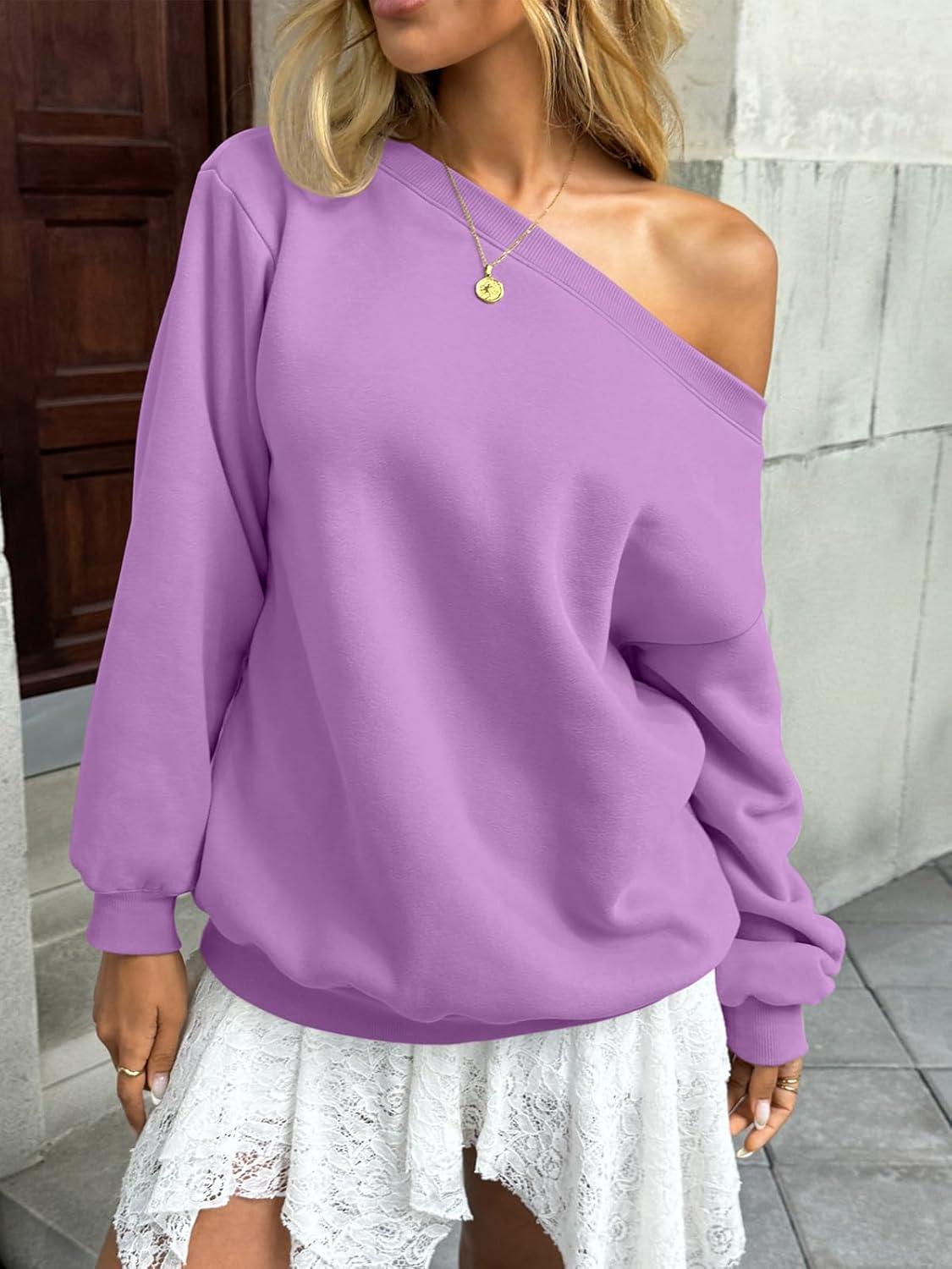 imageWomens Fleece Lined Sweatshirt Off Shoulder Long Sleeve Pullover Top Oversized Shirt Basic Slouchy Clothes 2025Purple