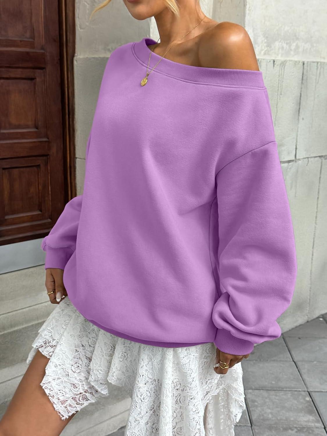 imageWomens Fleece Lined Sweatshirt Off Shoulder Long Sleeve Pullover Top Oversized Shirt Basic Slouchy Clothes 2025Purple