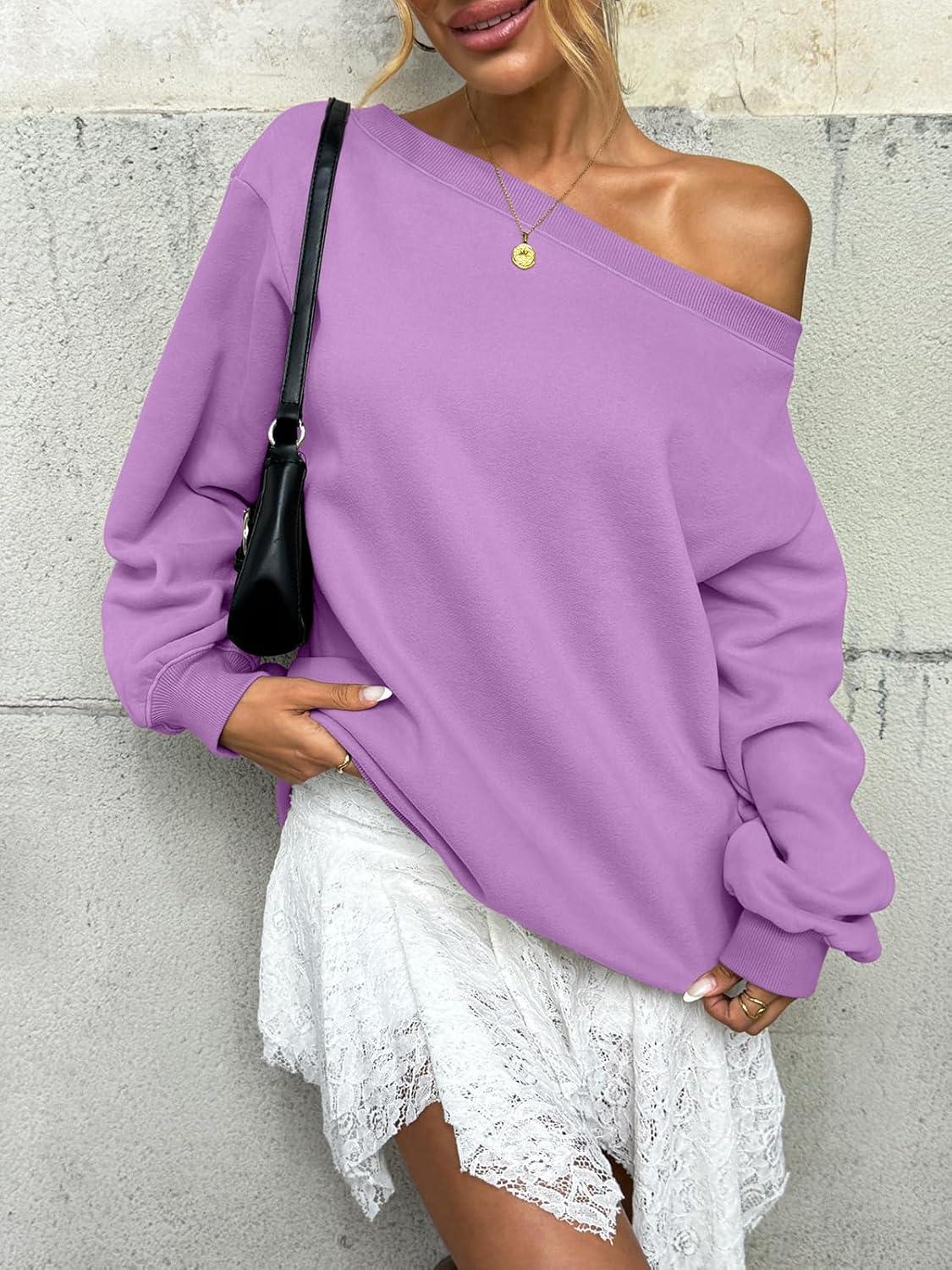imageWomens Fleece Lined Sweatshirt Off Shoulder Long Sleeve Pullover Top Oversized Shirt Basic Slouchy Clothes 2025Purple