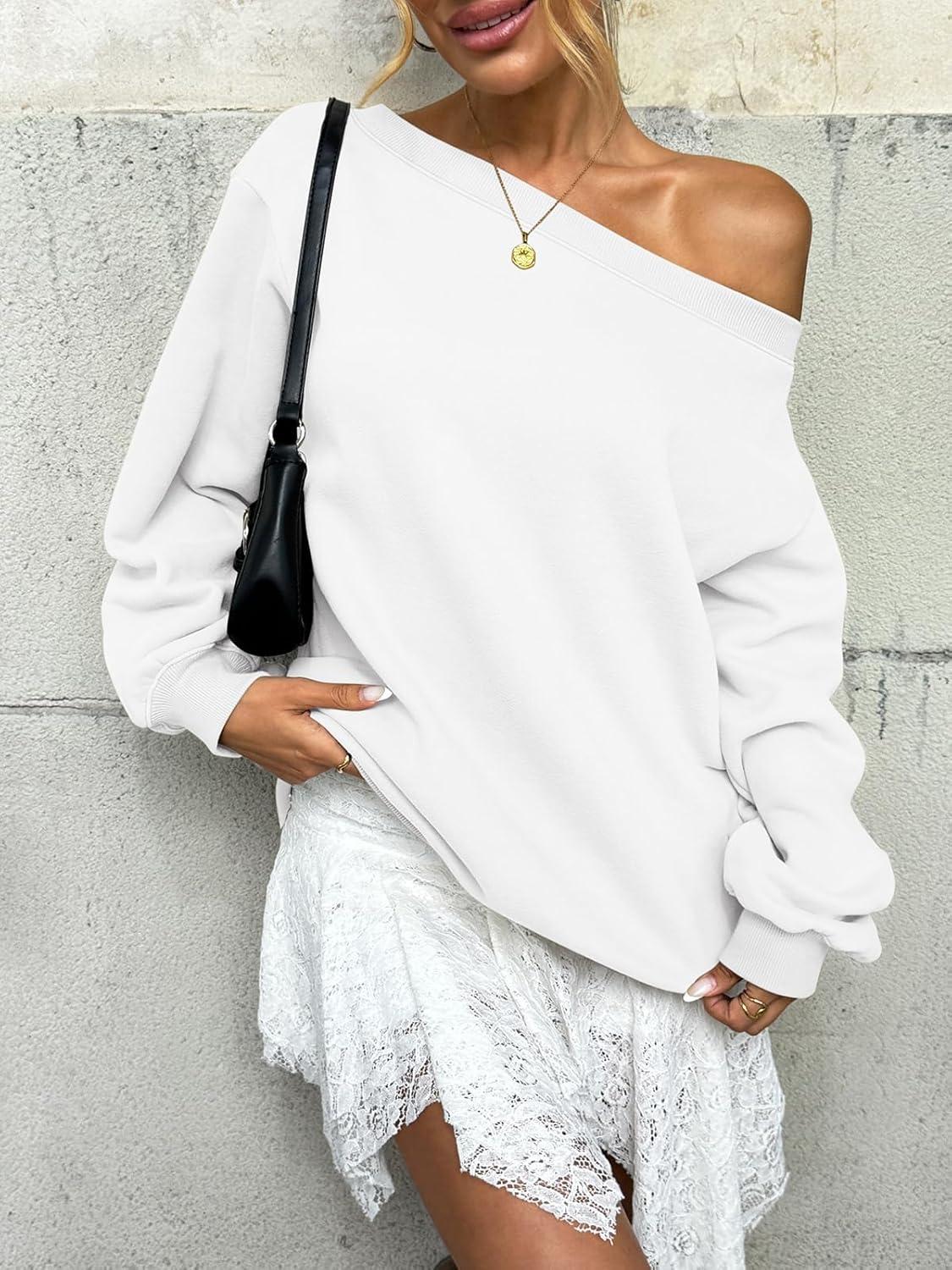 imageWomens Fleece Lined Sweatshirt Off Shoulder Long Sleeve Pullover Top Oversized Shirt Basic Slouchy Clothes 2025White