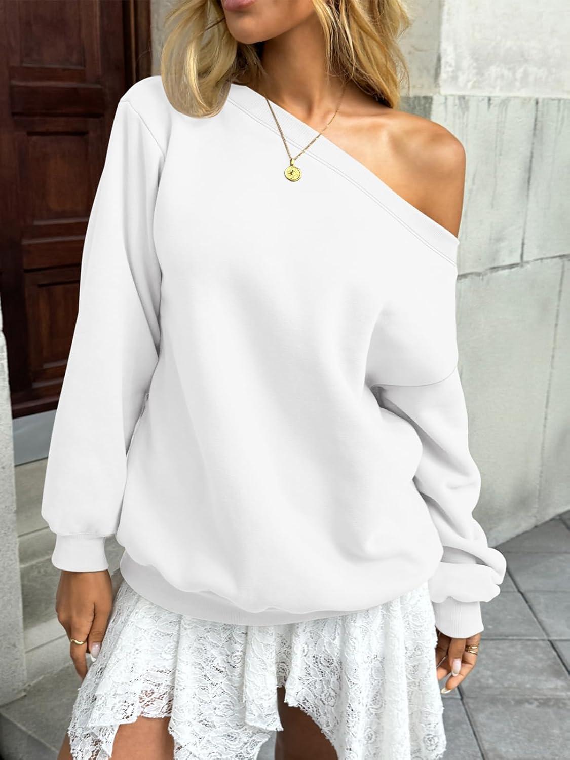 imageWomens Fleece Lined Sweatshirt Off Shoulder Long Sleeve Pullover Top Oversized Shirt Basic Slouchy Clothes 2025White