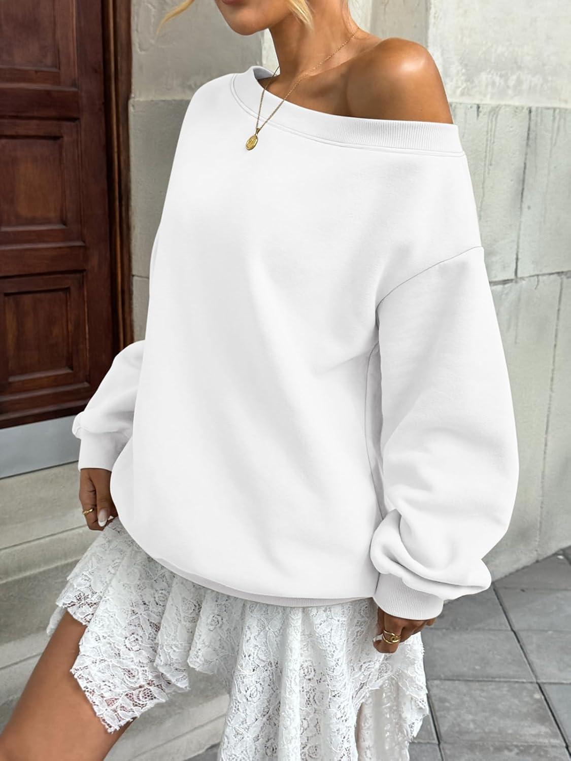 imageWomens Fleece Lined Sweatshirt Off Shoulder Long Sleeve Pullover Top Oversized Shirt Basic Slouchy Clothes 2025White