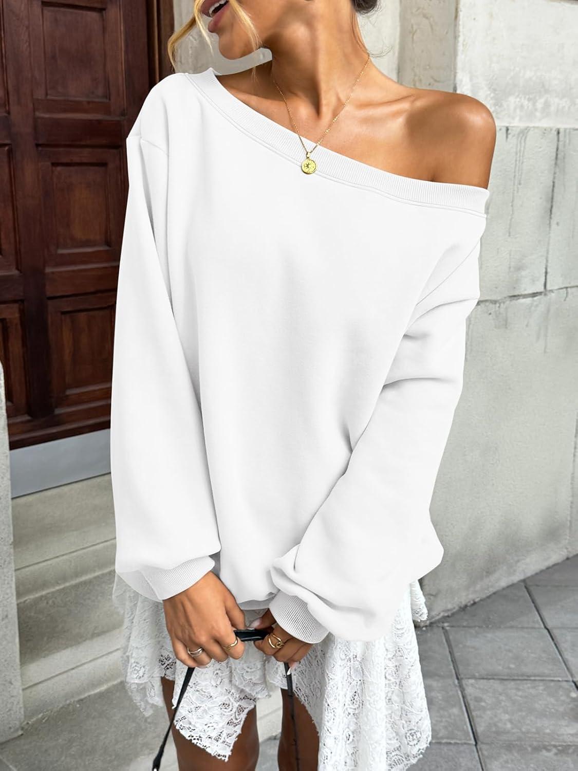 imageWomens Fleece Lined Sweatshirt Off Shoulder Long Sleeve Pullover Top Oversized Shirt Basic Slouchy Clothes 2025White