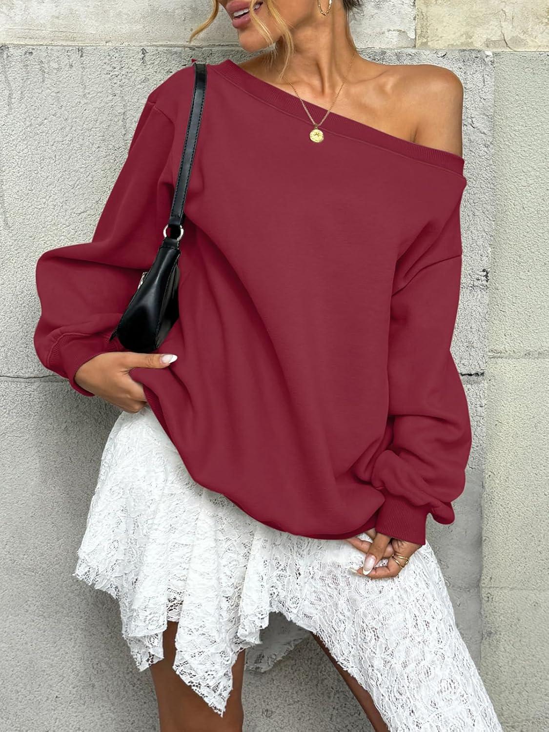 imageWomens Fleece Lined Sweatshirt Off Shoulder Long Sleeve Pullover Top Oversized Shirt Basic Slouchy Clothes 2025Wine Red