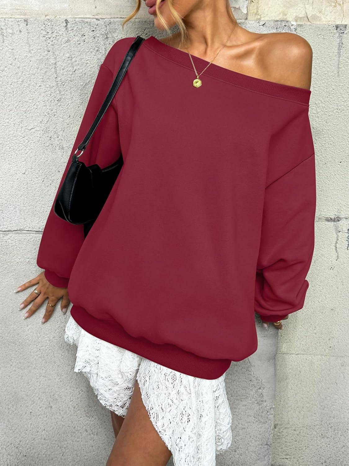 imageWomens Fleece Lined Sweatshirt Off Shoulder Long Sleeve Pullover Top Oversized Shirt Basic Slouchy Clothes 2025Wine Red