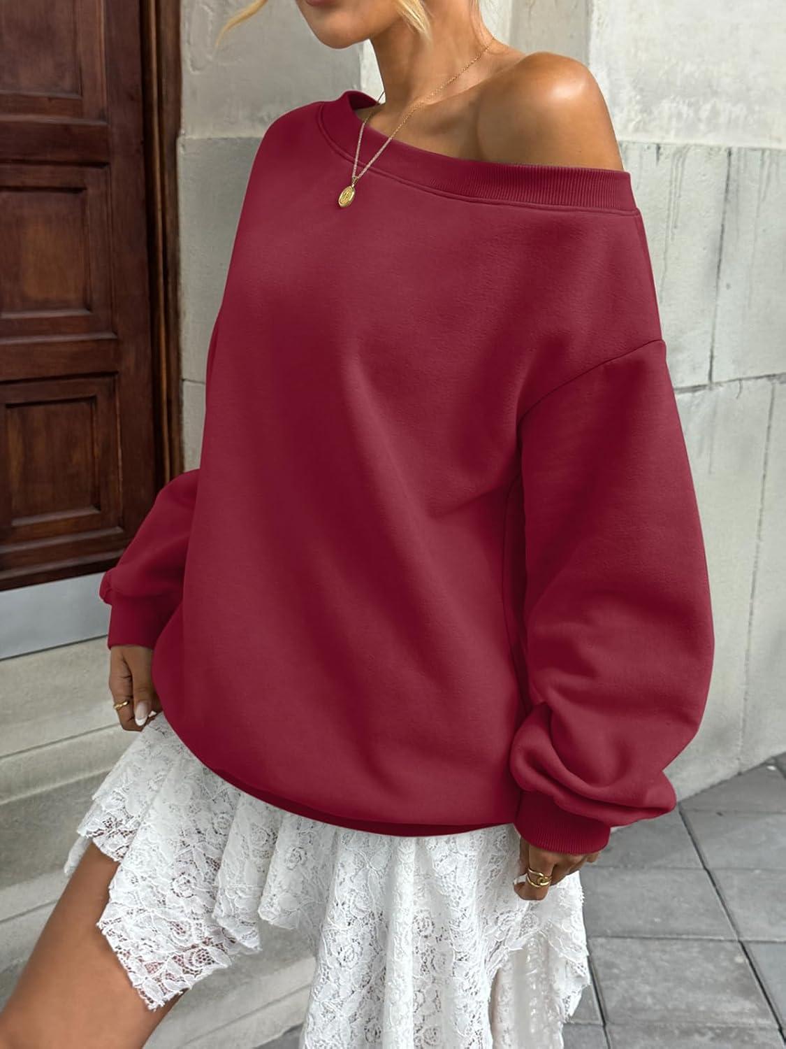 imageWomens Fleece Lined Sweatshirt Off Shoulder Long Sleeve Pullover Top Oversized Shirt Basic Slouchy Clothes 2025Wine Red