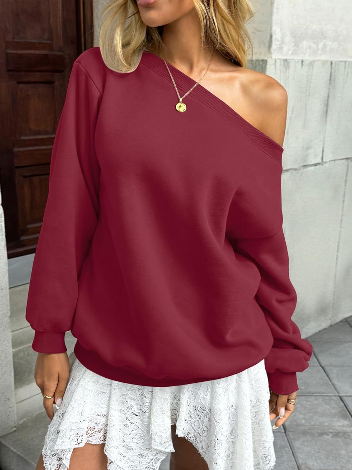 imageWomens Fleece Lined Sweatshirt Off Shoulder Long Sleeve Pullover Top Oversized Shirt Basic Slouchy Clothes 2025Wine Red