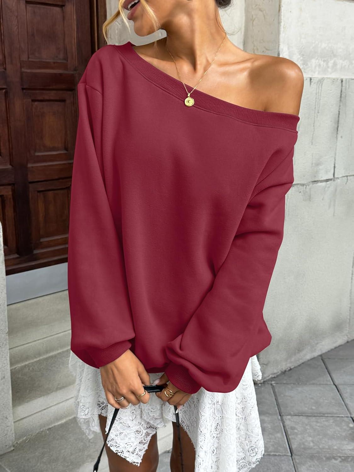 imageWomens Fleece Lined Sweatshirt Off Shoulder Long Sleeve Pullover Top Oversized Shirt Basic Slouchy Clothes 2025Wine Red