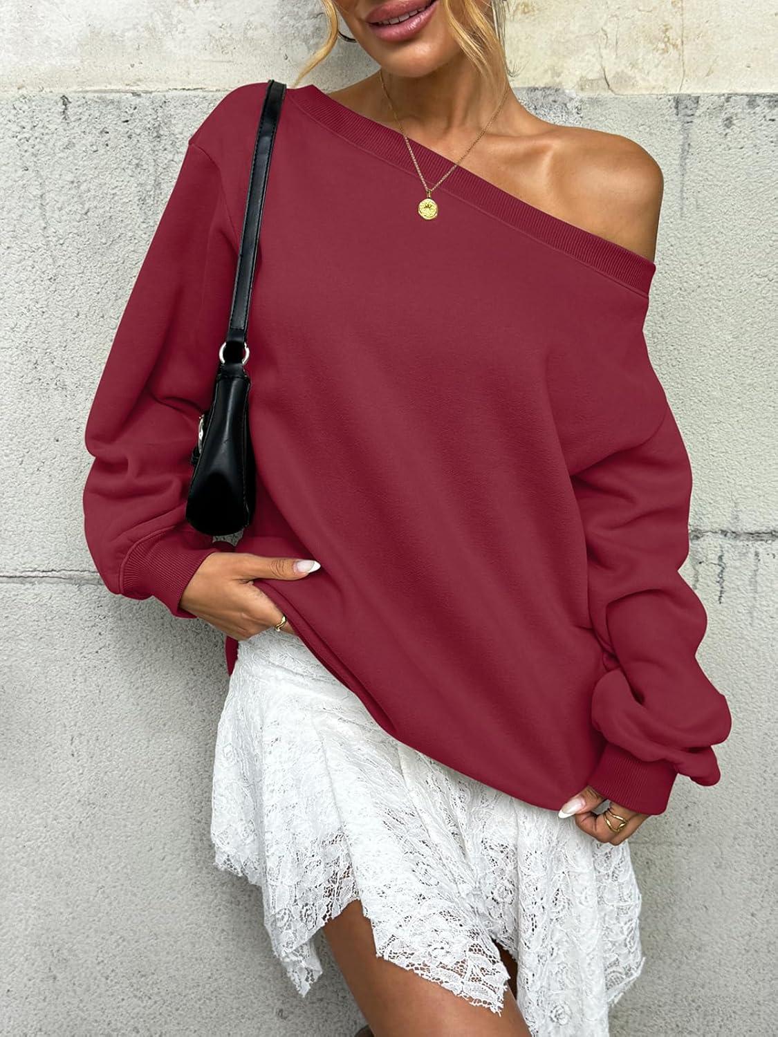imageWomens Fleece Lined Sweatshirt Off Shoulder Long Sleeve Pullover Top Oversized Shirt Basic Slouchy Clothes 2025Wine Red
