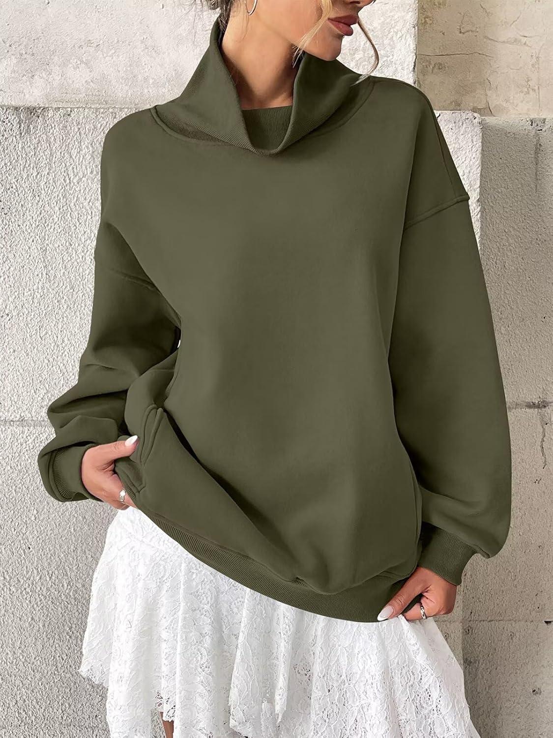 imageWomens Fleece Sweatshirts with Pockets Oversized Turtleneck Pullover Trendy Long Sleeve Tops Fall Fashion ShirtsArmy Green