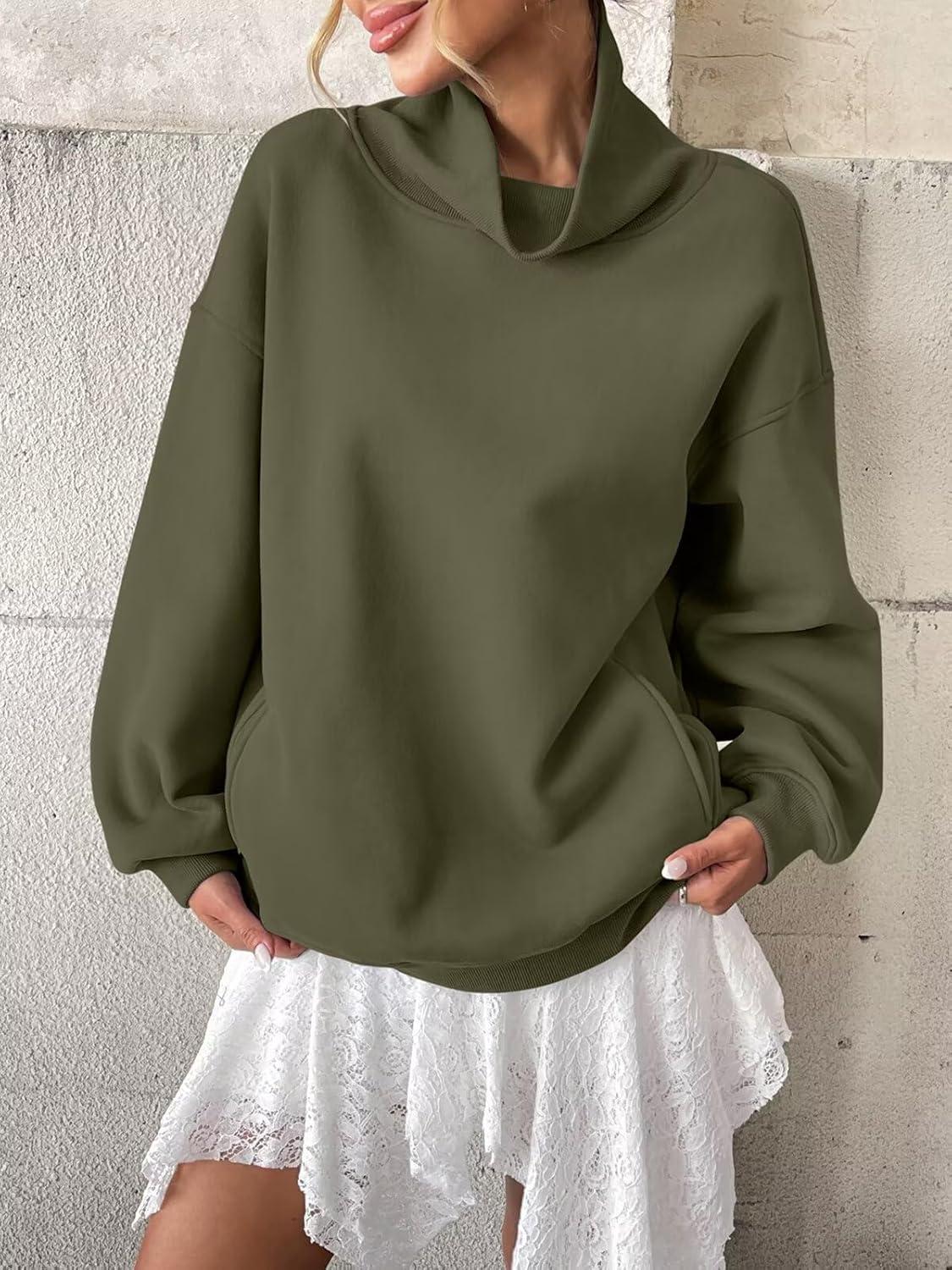 imageWomens Fleece Sweatshirts with Pockets Oversized Turtleneck Pullover Trendy Long Sleeve Tops Fall Fashion ShirtsArmy Green