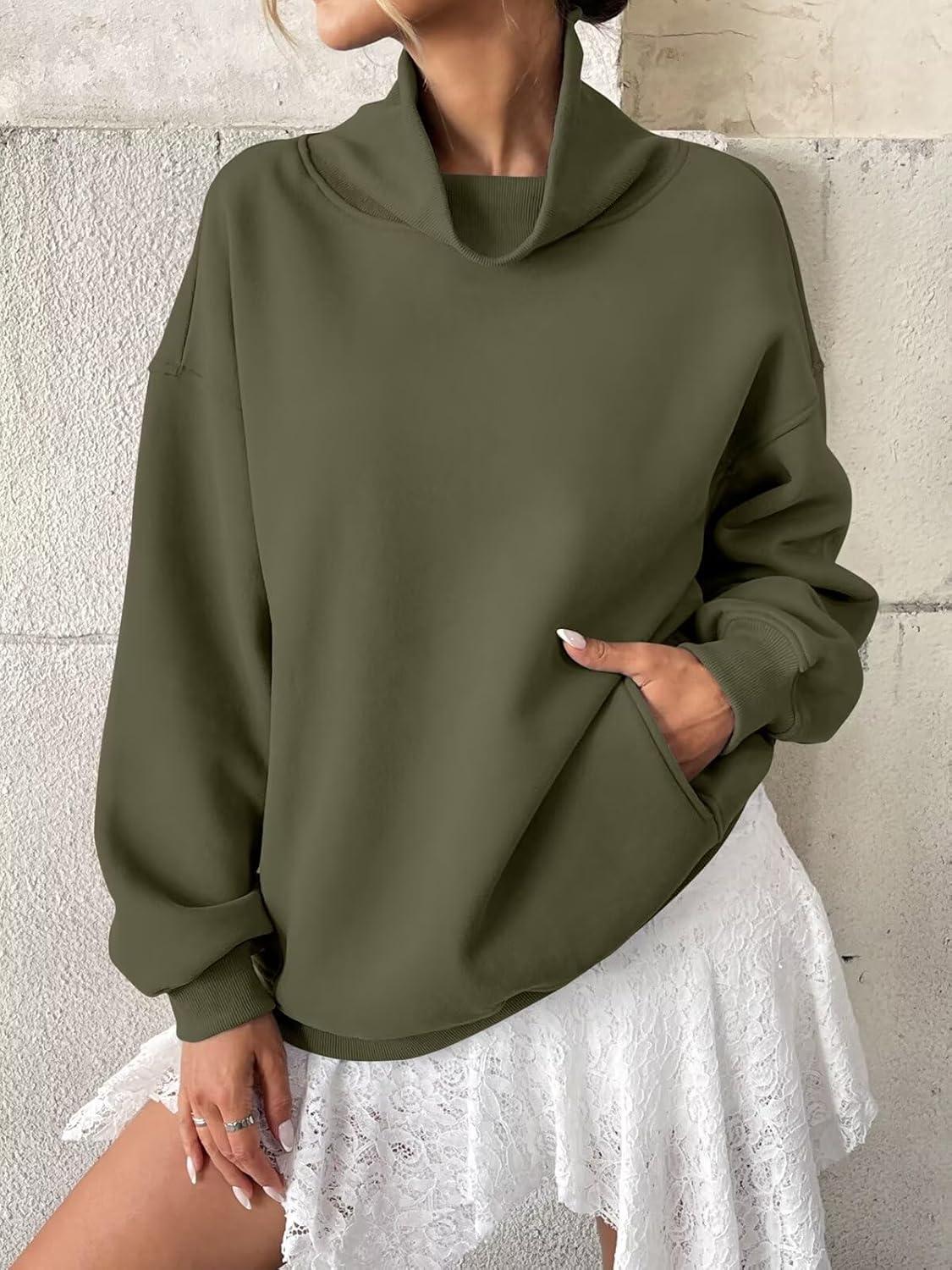 imageWomens Fleece Sweatshirts with Pockets Oversized Turtleneck Pullover Trendy Long Sleeve Tops Fall Fashion ShirtsArmy Green