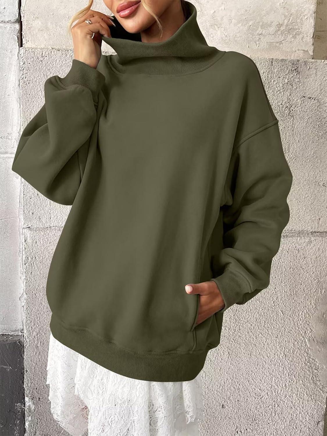 imageWomens Fleece Sweatshirts with Pockets Oversized Turtleneck Pullover Trendy Long Sleeve Tops Fall Fashion ShirtsArmy Green
