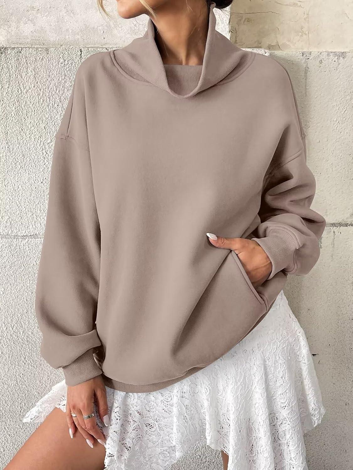 imageWomens Fleece Sweatshirts with Pockets Oversized Turtleneck Pullover Trendy Long Sleeve Tops Fall Fashion ShirtsCoffeegrey