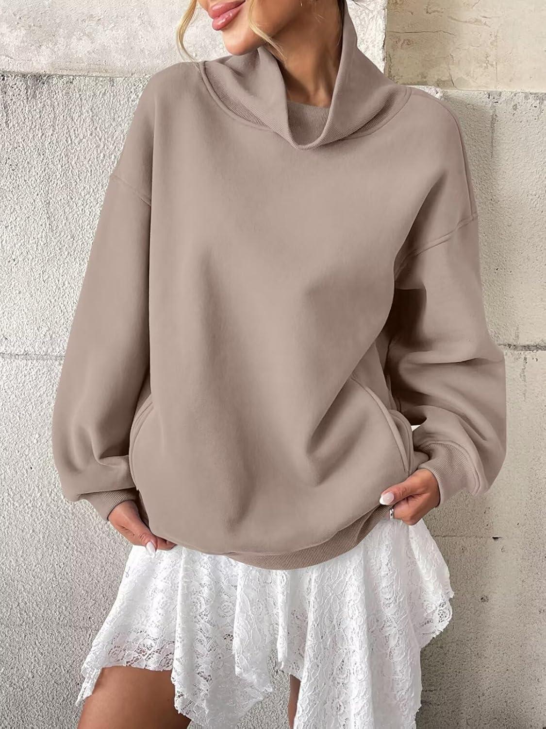 imageWomens Fleece Sweatshirts with Pockets Oversized Turtleneck Pullover Trendy Long Sleeve Tops Fall Fashion ShirtsCoffeegrey