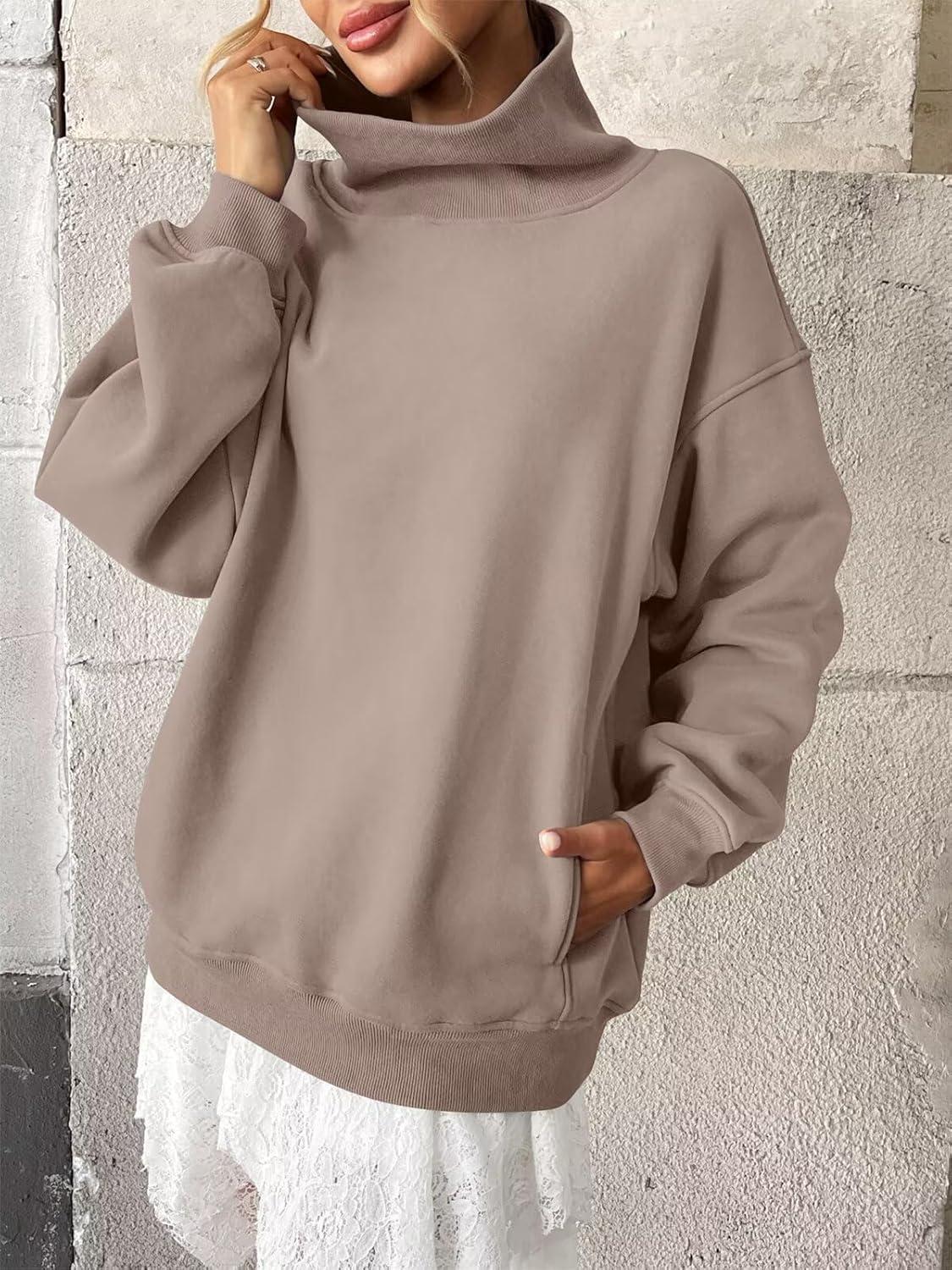 imageWomens Fleece Sweatshirts with Pockets Oversized Turtleneck Pullover Trendy Long Sleeve Tops Fall Fashion ShirtsCoffeegrey