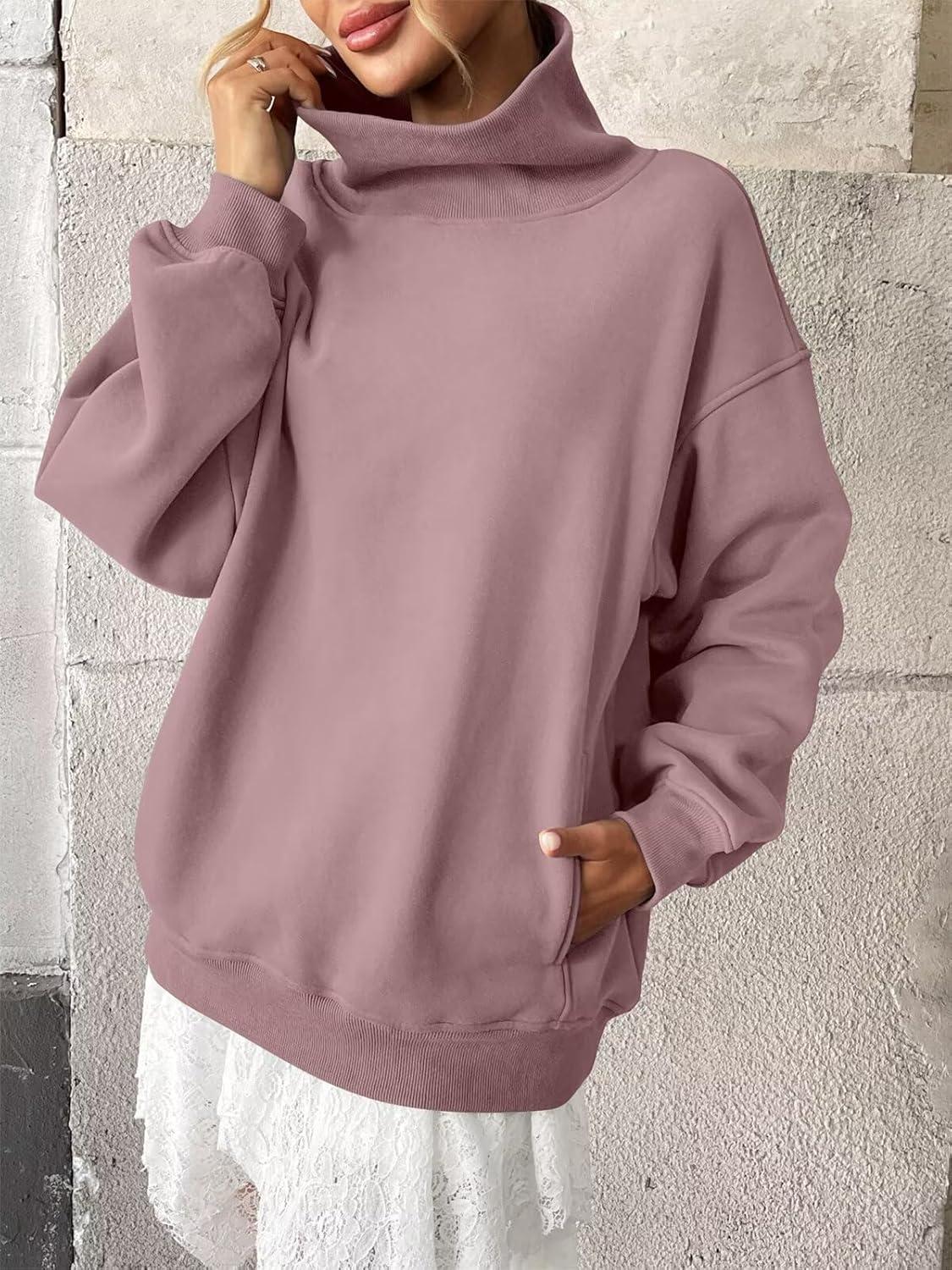 imageWomens Fleece Sweatshirts with Pockets Oversized Turtleneck Pullover Trendy Long Sleeve Tops Fall Fashion ShirtsDark Pink
