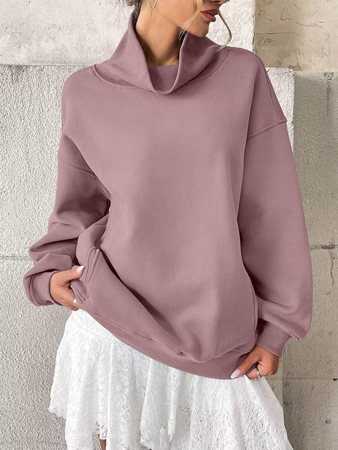 imageWomens Fleece Sweatshirts with Pockets Oversized Turtleneck Pullover Trendy Long Sleeve Tops Fall Fashion ShirtsDark Pink