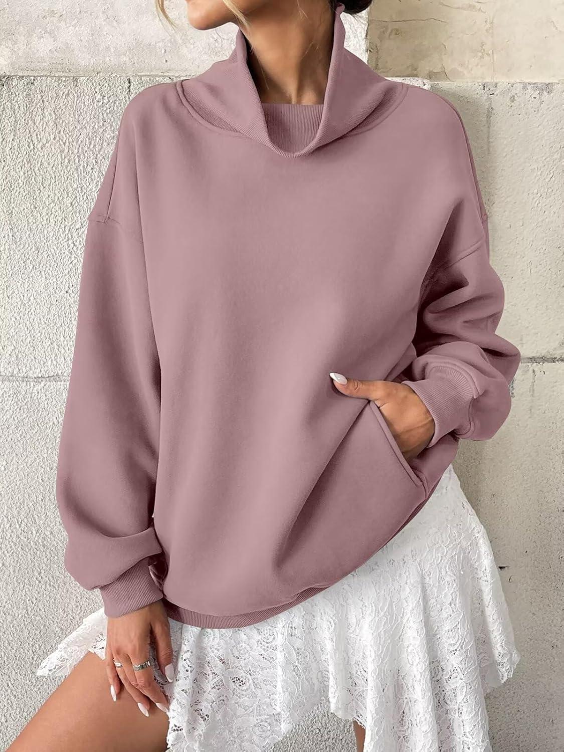 imageWomens Fleece Sweatshirts with Pockets Oversized Turtleneck Pullover Trendy Long Sleeve Tops Fall Fashion ShirtsDark Pink