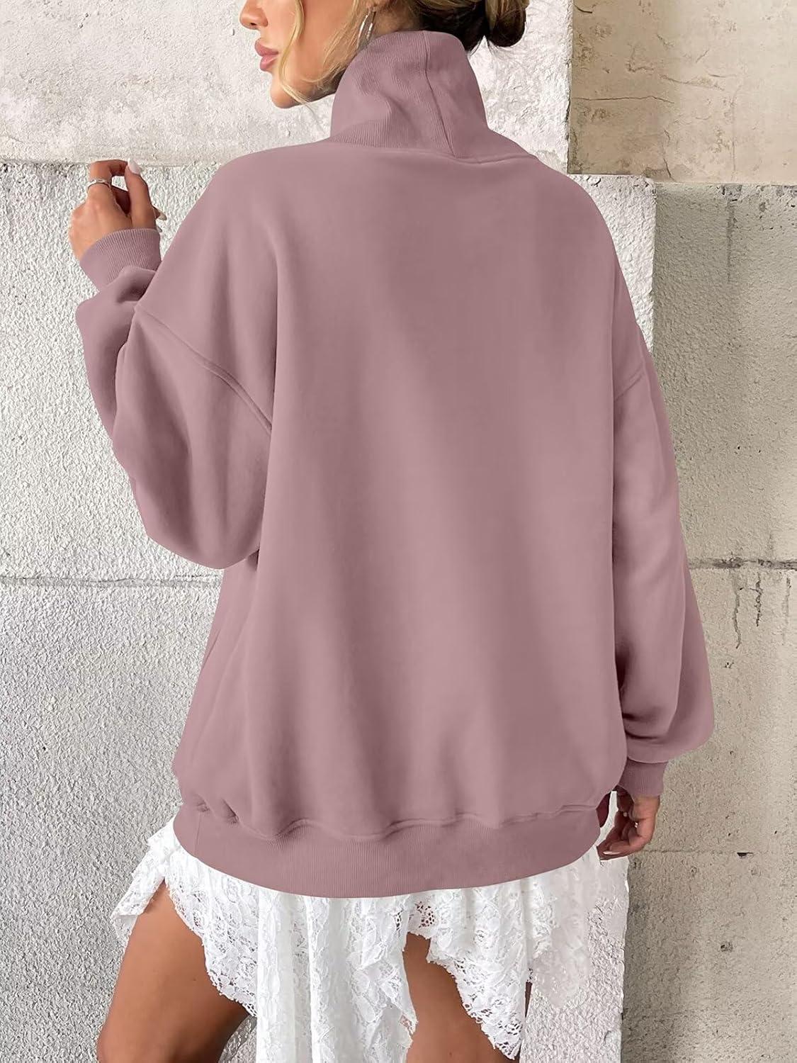 imageWomens Fleece Sweatshirts with Pockets Oversized Turtleneck Pullover Trendy Long Sleeve Tops Fall Fashion ShirtsDark Pink